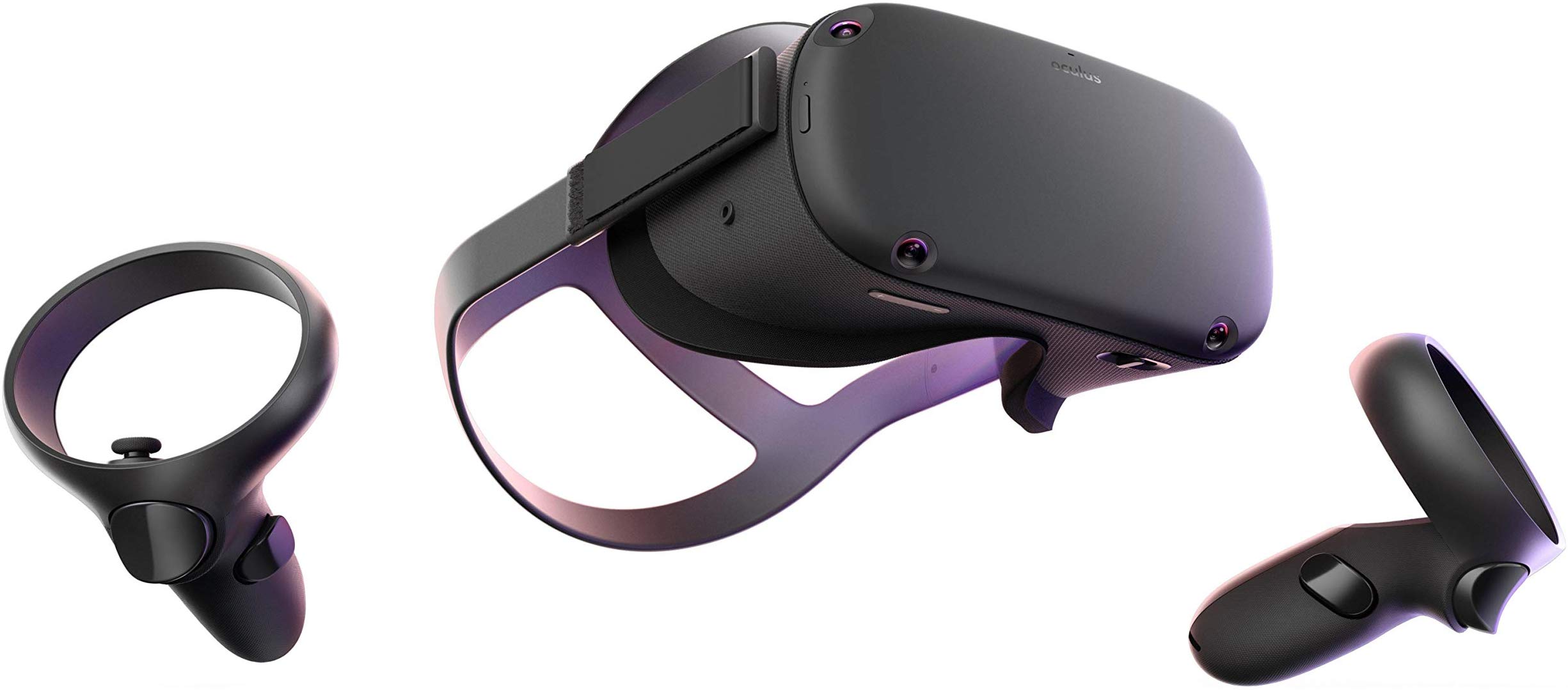 Black VR headset with two hand controllers.