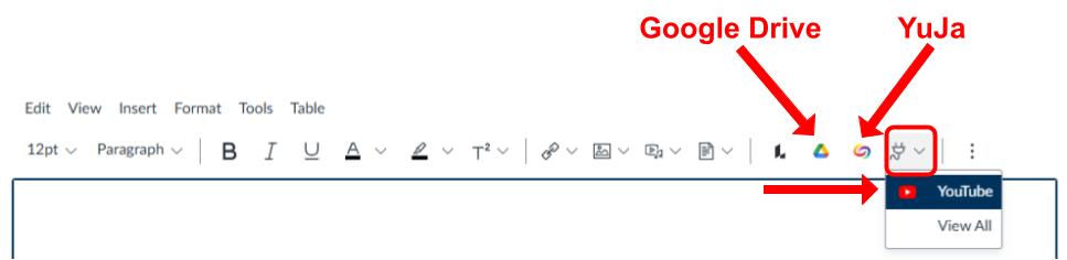 Screenshot of Canvas RCE toolbar with highlights on Google Drive, YuJa, and YouTube icons.