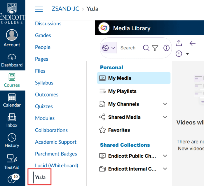 Screenshot of Canvas course navigation with highlight around YuJa in course navigation.